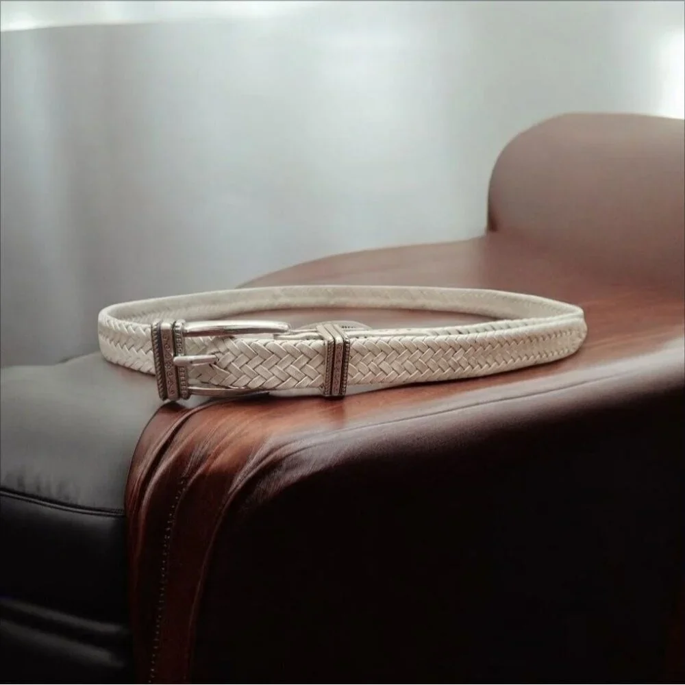 Talbots Women's White Woven Belt Size M Braided Leather Silver Buckle